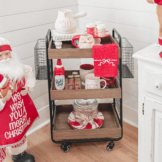 farmhouse 3-tier rolling cart with wood shelves and metal frame