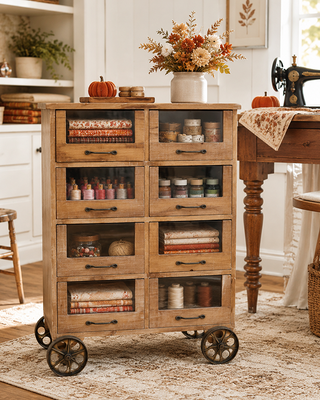 Industrial Rolling Wood Apothecary Cabinet with Glass Drawers