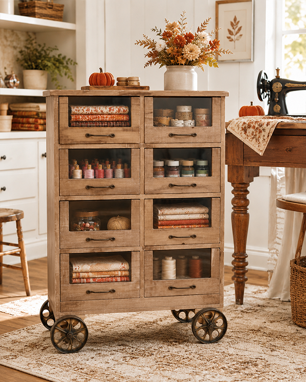 Industrial Rolling Wood Apothecary Cabinet with Glass Drawers