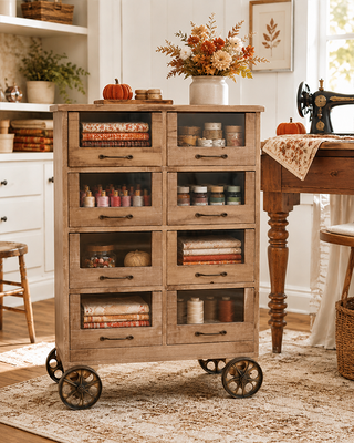 Industrial Rolling Wood Apothecary Cabinet with Glass Drawers
