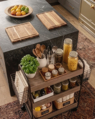 Farmhouse 3-Tier Wood and Metal Rolling Storage Cart with Wire Baskets