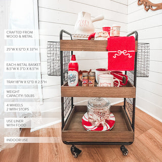 kitchen storage cart with wire baskets and wheels