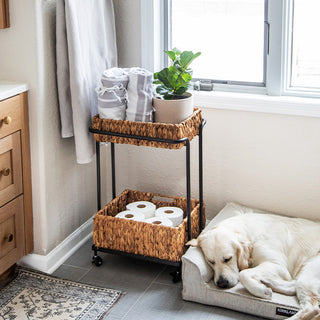 Two-Tier Natural Woven Basket Rolling Storage Cart with Wheels