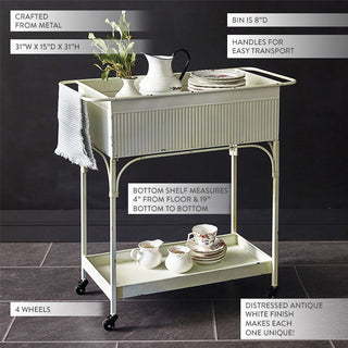 Vintage white metal bar cart with dimensions showing 31 inches wide, 15 inches deep, 31 inches tall, distressed finish details