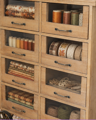 Industrial Rolling Wood Apothecary Cabinet with Glass Drawers