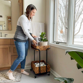 Two-Tier Natural Woven Basket Rolling Storage Cart with Wheels