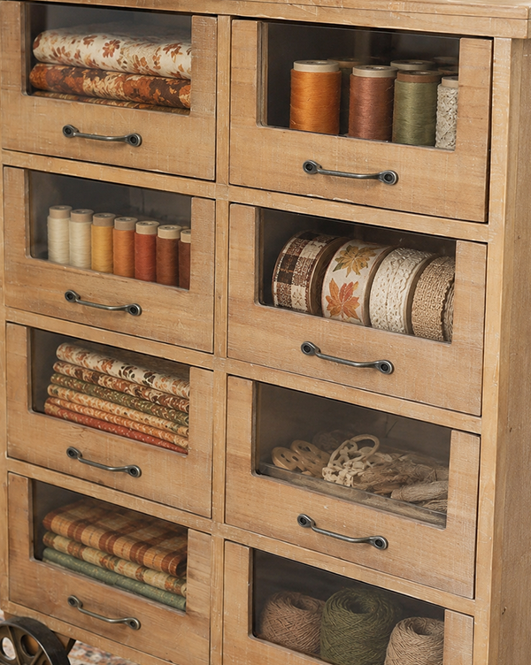 Industrial Rolling Wood Apothecary Cabinet with Glass Drawers