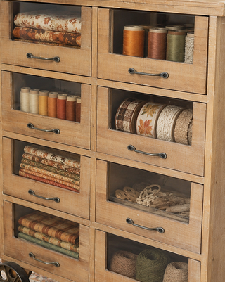 Industrial Rolling Wood Apothecary Cabinet with Glass Drawers