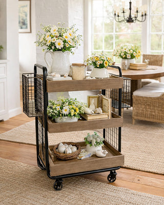 Farmhouse 3-Tier Wood and Metal Rolling Storage Cart with Wire Baskets