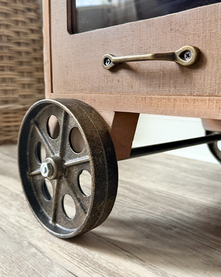 Industrial Rolling Wood Apothecary Cabinet with Glass Drawers