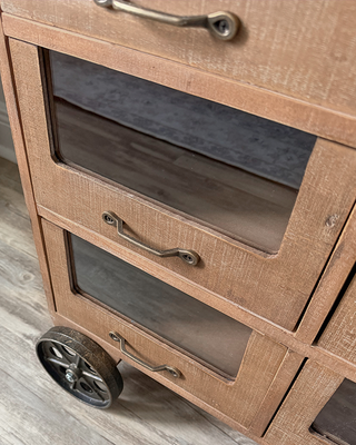Industrial Rolling Wood Apothecary Cabinet with Glass Drawers