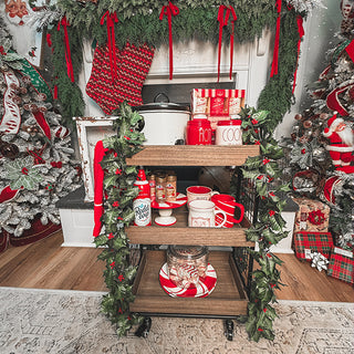 farmhouse style storage cart staged with Christmas decor