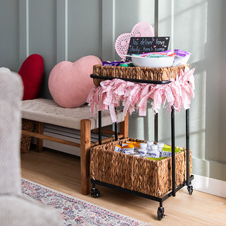Two-Tier Natural Woven Basket Rolling Storage Cart with Wheels