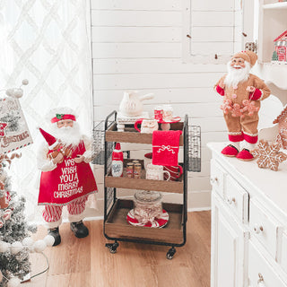 industrial rolling cart with natural wood trays