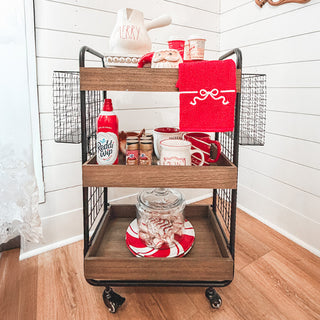 multi-tier cart with mesh side baskets for kitchen organization