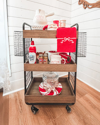 Farmhouse 3-Tier Wood and Metal Rolling Storage Cart with Wire Baskets
