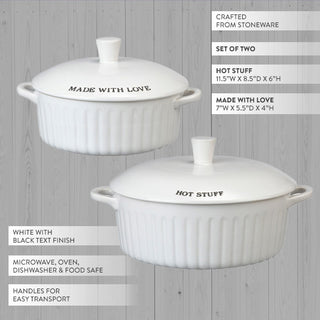 Farmhouse white ceramic baking dishes with handles and black text phrases