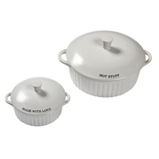  Round white casserole dishes with fluted sides and matching lids set of 2