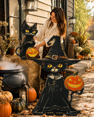 Indoor/Outdoor Cat Witch Cutout, Set of Two | Spooky Season Collection