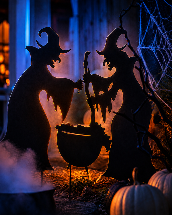 Vintage Style Witches Cauldron Metal Stake Set