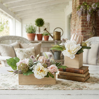 Faux floral wood box centerpiece rustic farmhouse decor