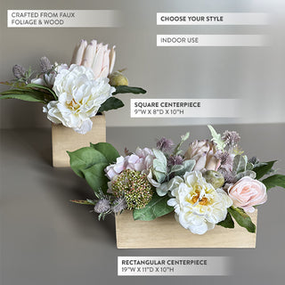 Two size options for silk flower centerpiece - square and rectangular wooden box arrangements