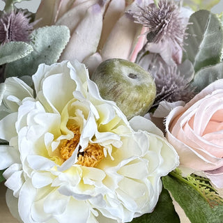 Close-up faux peony silk flower arrangement detail