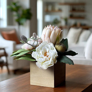 Close-up faux peony silk flower arrangement detail