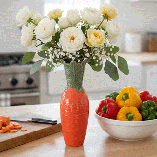 Carrot ceramic vase with white roses centerpiece