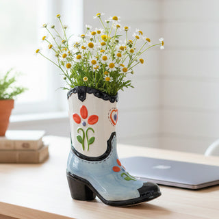 Cowboy boot ceramic vase rustic floral decor