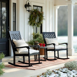 Black wooden rocking chair arm with cushion detail