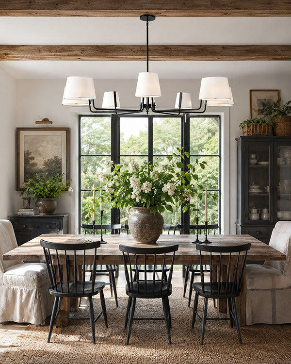 8-Light Black Iron Chandelier with White Fabric Shades