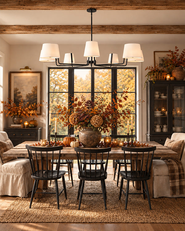 8-Light Black Iron Chandelier with White Fabric Shades