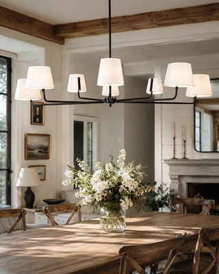8-Light Black Iron Chandelier with White Fabric Shades