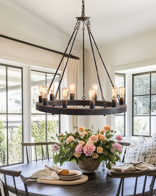 Rustic farmhouse wagon wheel chandelier great room entryway ceiling fixture