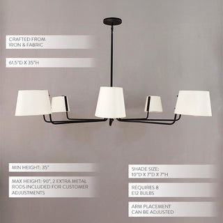 Large black iron linear chandelier with 8 adjustable fabric shades showing dimensions and specifications