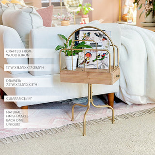 natural wood charging station organizer with gold frame and magazine rack
