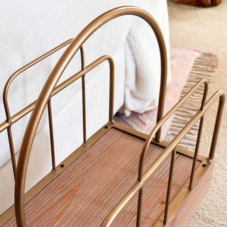 compact charging station with magazine holder slots and natural wood finish
