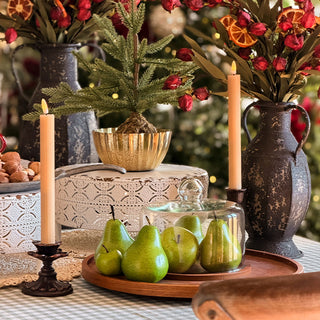 Rustic holiday table centerpiece with wood tray and cloche