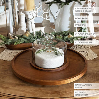 Tabletop Round Wood Serving Tray with Cloche