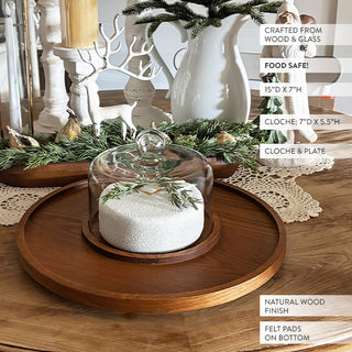 Wood serving tray with glass cloche centerpiece decor