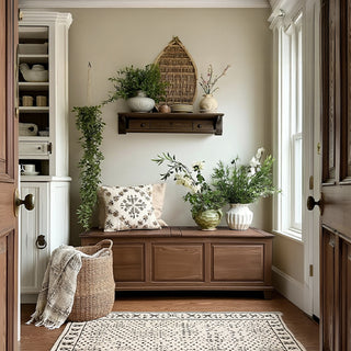 Entryway wooden storage bench with farmhouse decor