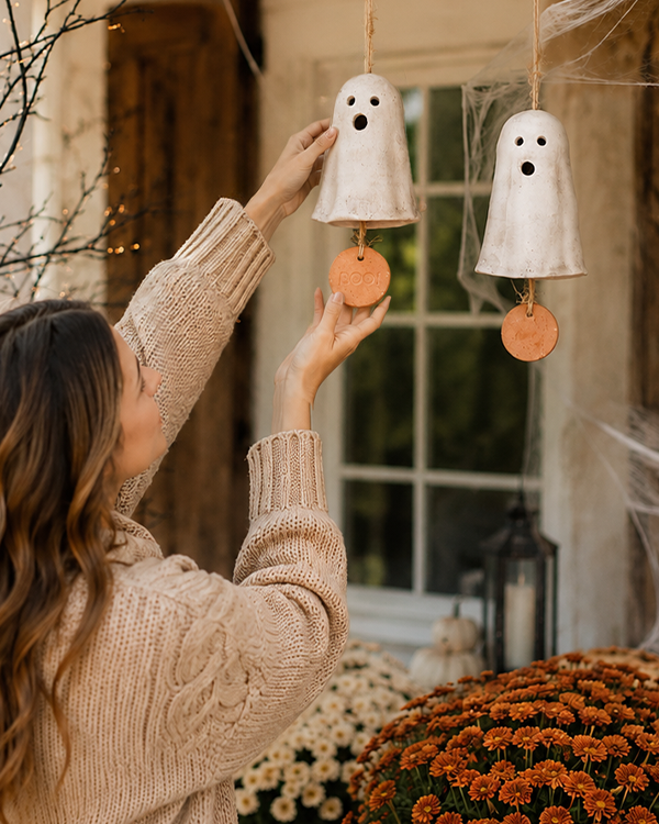 Handcrafted Clay & Sisal Ghost Hanging Chimes, Set of 2