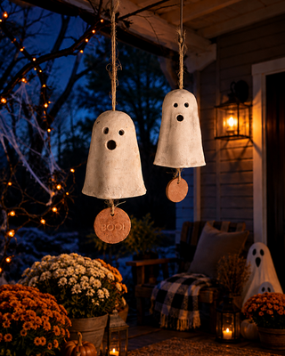 Handcrafted Clay & Sisal Ghost Hanging Chimes, Set of 2