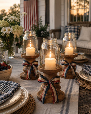 Wood stained candle holder tabletop display