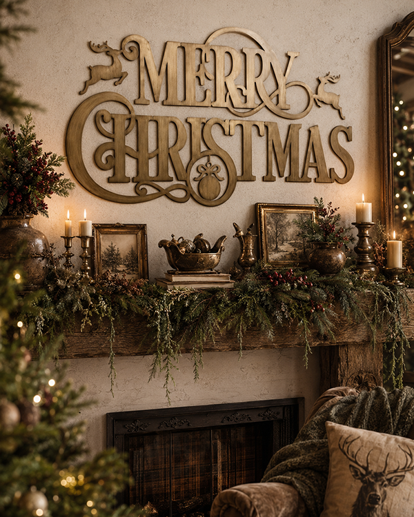 Gold Metal Merry Christmas Sign 39 Inch Two Piece Wall Decor