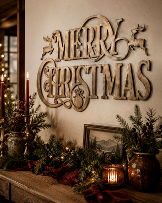 Gold Metal Merry Christmas Sign 39 Inch Two Piece Wall Decor