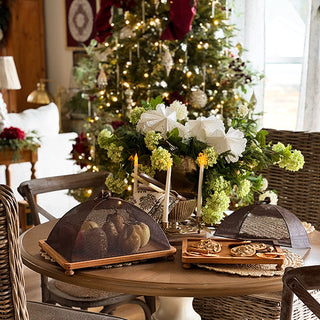 Wooden Tray Serving Station with Black Dome Cover, Set of 2