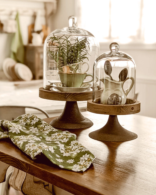 Dome-Shaped Wood and Glass Cloche, Set of 2