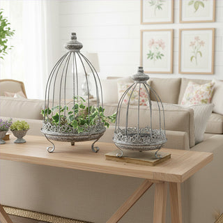 Rustic metal birdcage decor on farmhouse coffee table